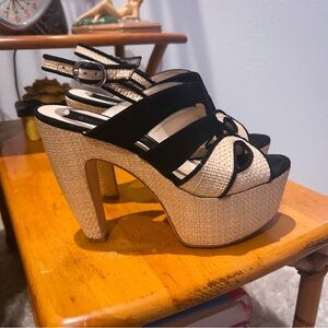 Retro Platforms l Woven Heel Sandals | 40s Style | 7.5 | Banana Heel | Slingback